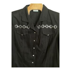 Vintage Club Z Demin Blouse Women's Size 3X Shirt Black 3/4 Sleeve Metal Studs